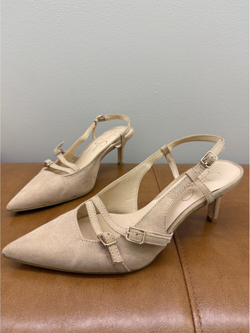 Jessica Simpson Beige Suede Slingback buckle pointed toe Heels